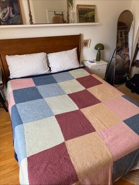 Patchwork Check Bedspread in Pink, Blue, Cream, Burgundy handmade